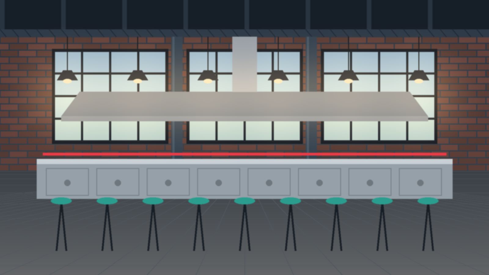 Open industrial restaurant interior with steel beams, tall factory windows and a stainless kitchen line